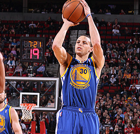 Warriors' Stephen Curry sets up for a three-pointer, each of which raises $500.00 for Hoops for Kids.