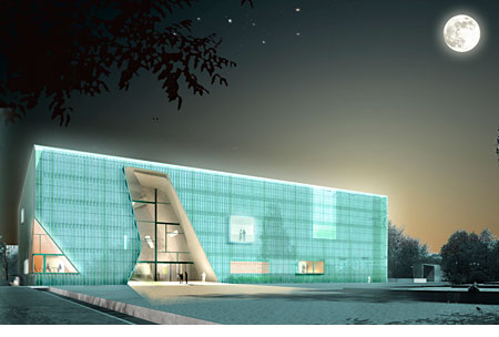 Architectural drawing of the exterior of the Museum of the History of Polish Jews, being built on the site of the Warsaw Ghetto.