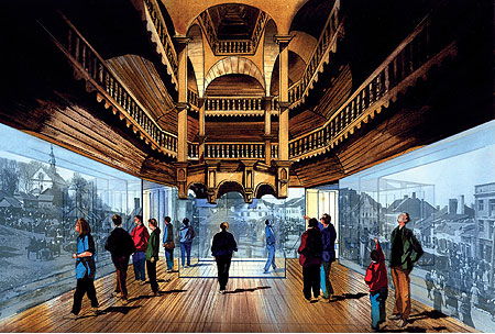 Architectural rendering of one of the seven main galleries of the Museum of the History of Polish Jews: "Into the Country." Visitors will be taken on a virtual journey to a lost world in which countless generations lived and flourished.