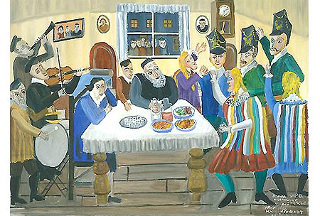 Purim Play: "The Krakow Wedding," one of the many evocative and beautiful paintings by Mayer Kirshenblatt of memories of his life in Apt, Poland, prior to 1934.