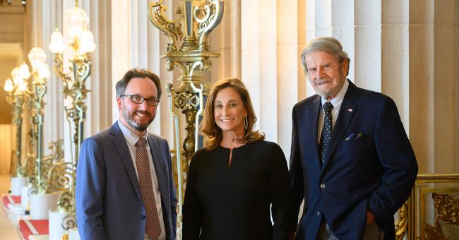 Matthew Shilvock with Dianne and Tad Taube in the War Memorial Opera House. ©Kristen Loken/San Francisco Opera.