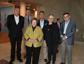 L to R: Zygmunt Stępiński, Deputy Director, Educational and Cultural Programming; Andrzej Cudak, Acting Director; Senator Barbara Mikulski; Piotr Wiślicki, Chairman, Association of the Jewish Historical Institute of Poland; Dr. Barbara Kirshenblatt-Gimblett, Director of the Core Exhibition; Marian Turski, Deputy Chairman, Association of the Jewish Historical Institute of Poland     Photo Credit: Wojciech Mandal, U.S. Embassy Warsaw