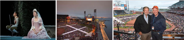 Philippe Sly and Lisette Oropesa in The Marriage of Figaro; July 3, 2015 Opera at the Ballpark; Tad Taube of Taube Philanthropies and San Francisco Opera General Director David Gockley.