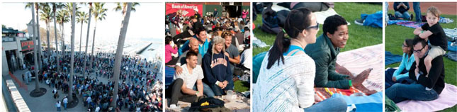 Lines form outside AT&T Park before the gates open; audience members picnic on the field.