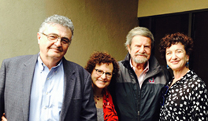 Dr. Samuel Kassow, Lisa Pleskow Kassow (Director, Trinity College Hillel), Tad Taube (Chairman, Taube Philanthropies), and Shana Penn (Executive Director, Taube Philanthropies), at Stanford University following Dr. Kassow's lecture on March 11. 